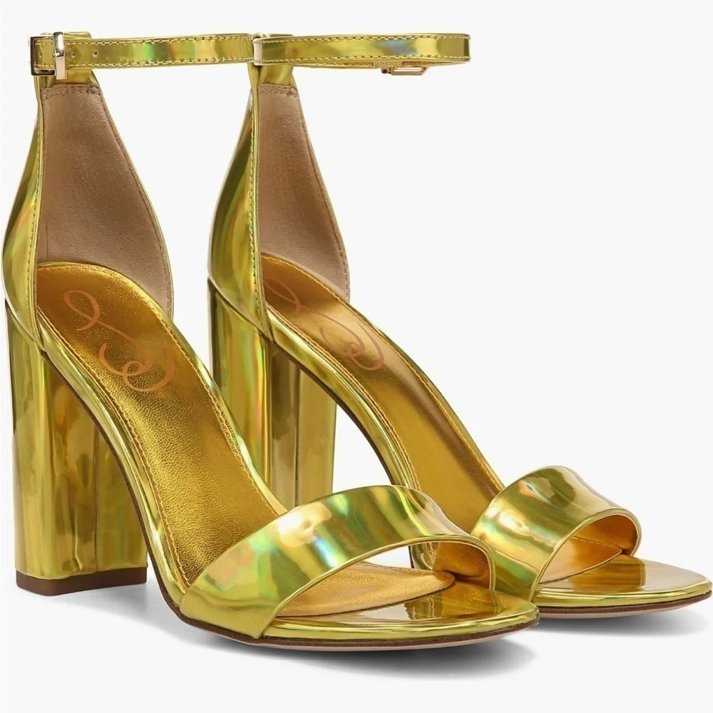 New Sam Edelman Women’s Yaro Ankle Strap Block Heel Sandal in Mimosa Gold Size 8